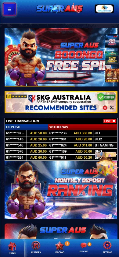 Superaus Casino mobile home with casino games available in AUD