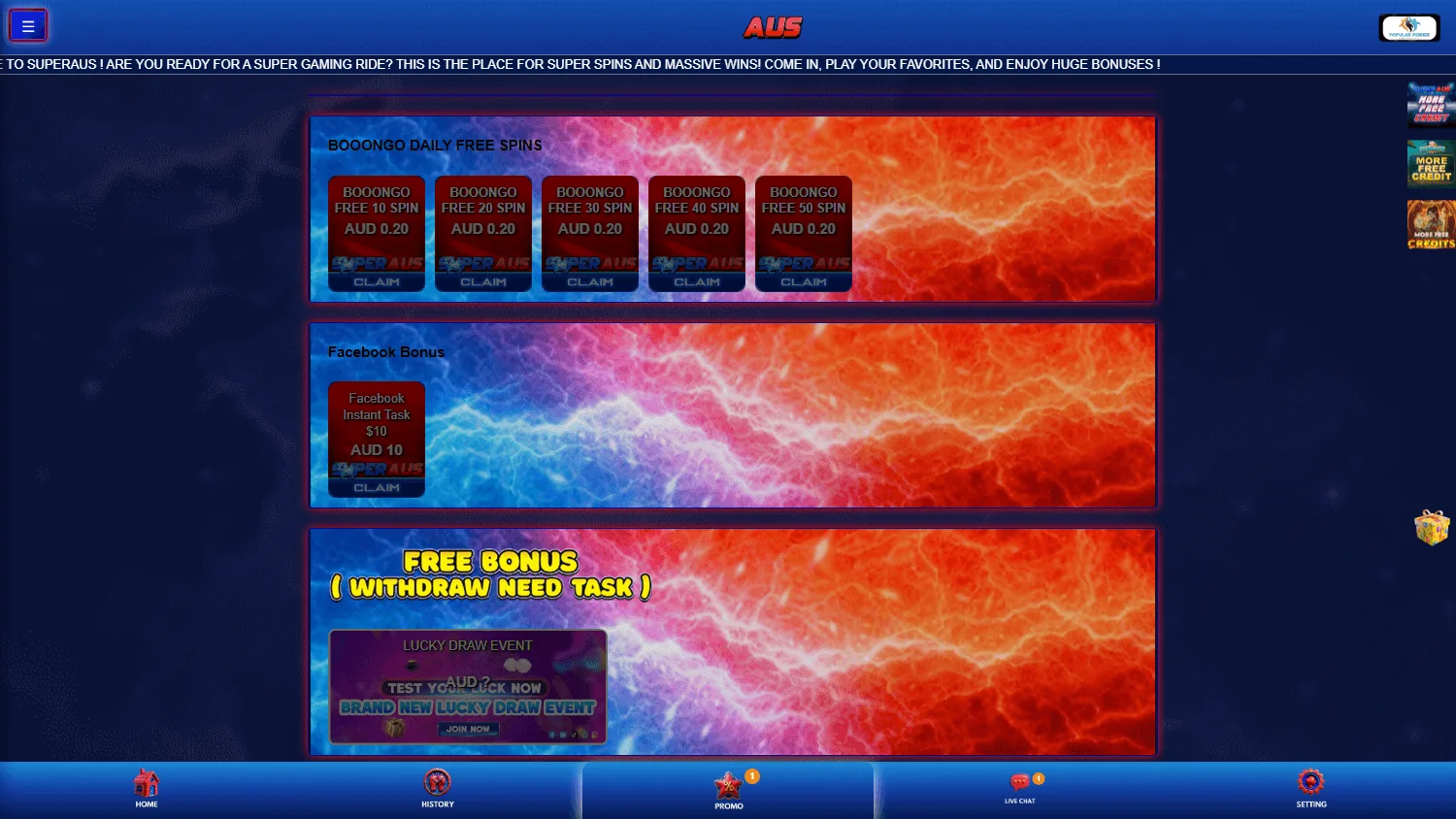 Superaus Casino desktop promotions featuring the $8 AUD no deposit bonus and daily bet leaderboard