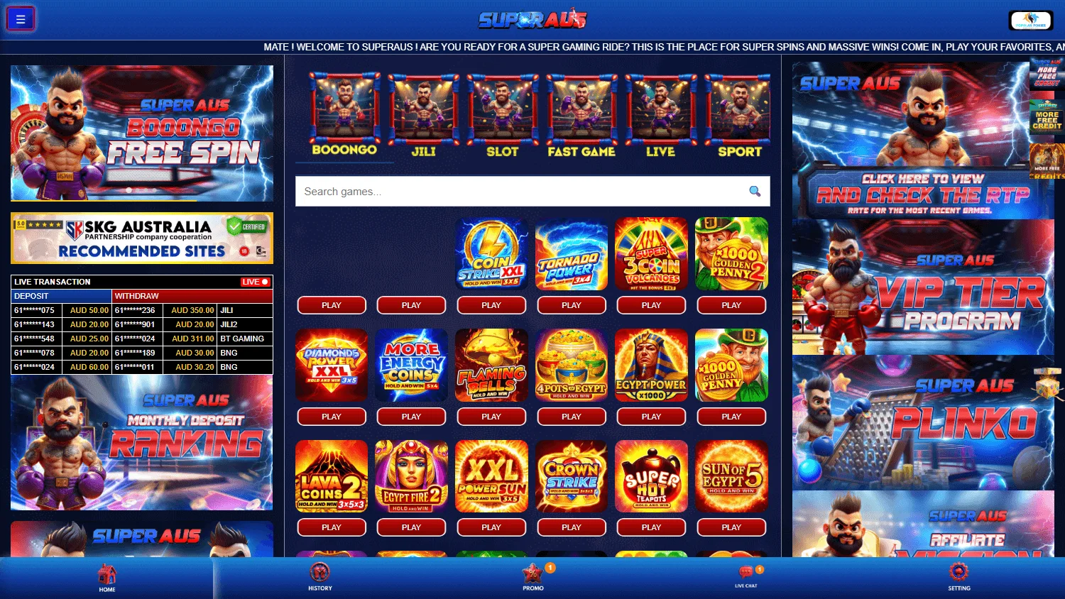 Superaus Casino desktop home with AUD casino play and access to casino games